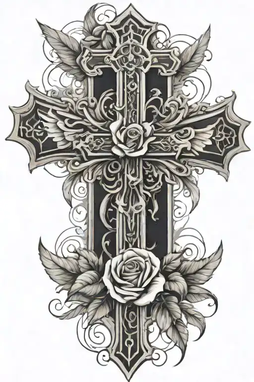 big cross behind open wings and at the top of it is a single rose tattoo design idea