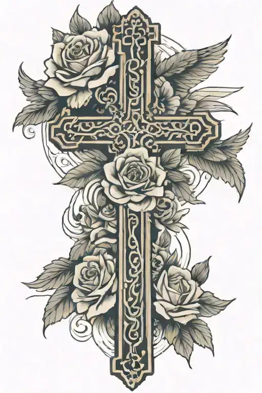 big cross behind open wings and at the top of it is a single rose tattoo design idea