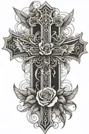 big cross behind open wings and at the top of it is a single rose tattoo design idea