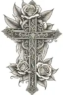 big cross behind open wings and at the top of it is a single rose tattoo design idea
