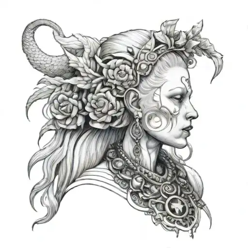 albino girl dressed like a temple priestess tattoo design idea
