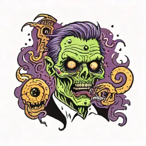 zombie with worms coming out of eye and purple smoke tattoo design idea