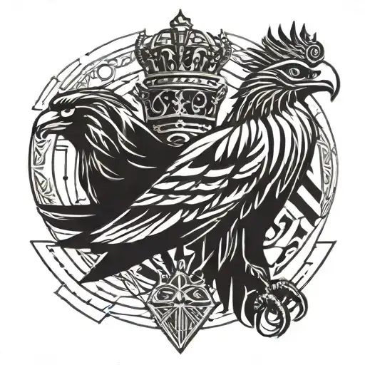 A geometric interpretation of the Swedish Three Crowns and Albanian eagle intertwined, showcasing a modern and abstract take on traditional symbols tattoo design idea