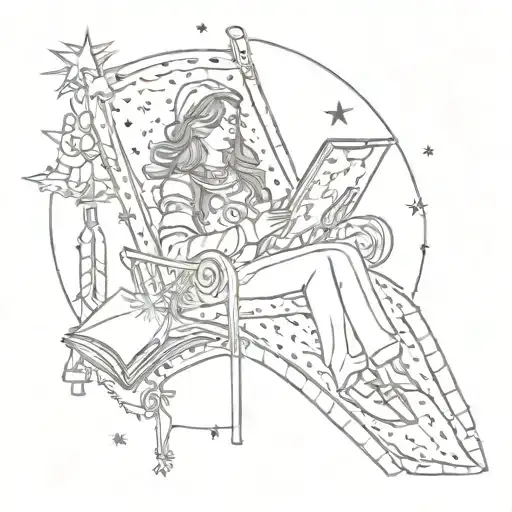 A tarot card with the heading “the reader”. with books, sparkles and sleeping dog with stars or the sun. ornamental  tattoo design idea