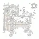 A tarot card with the heading “the reader”. with books, sparkles and sleeping dog with stars or the sun. ornamental  tattoo design idea