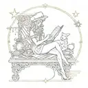 A tarot card with the heading “the reader”. with books, sparkles and sleeping dog with stars or the sun. ornamental  tattoo design idea