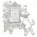A tarot card with the heading “the reader”. with books, sparkles and sleeping dog with stars or the sun. ornamental  tattoo design idea