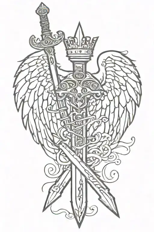 sword with angel wings and crown lines tattoo design idea