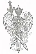 sword with angel wings and crown lines tattoo design idea