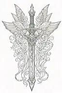 sword with angel wings and crown lines tattoo design idea