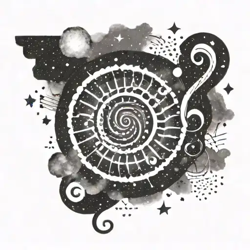 Incorporate a dotwork design of a spiral galaxy with musical notes floating through it, representing the client's interests in space and music tattoo design idea
