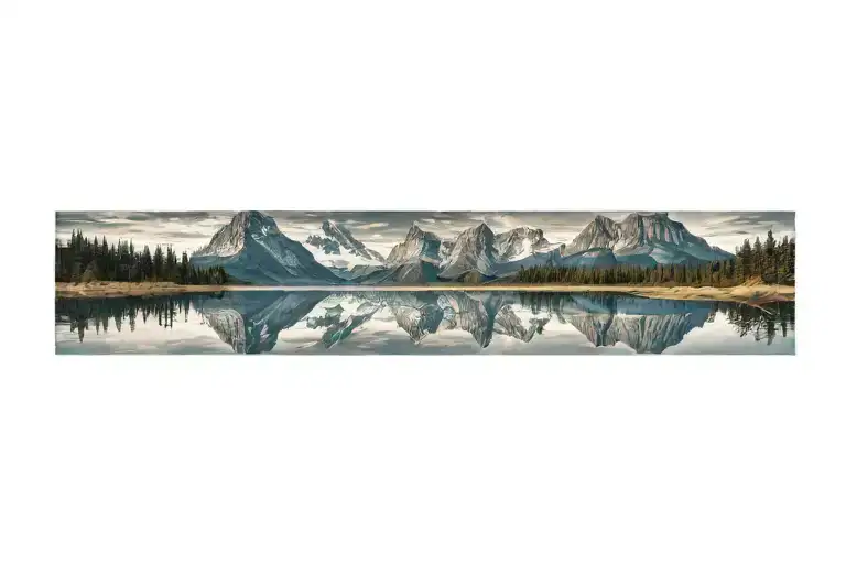 mountain range reflected in a calm lake nestled within the design tattoo design idea