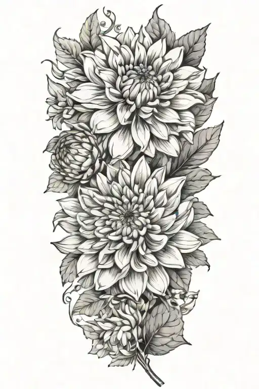 1 chrysanthemum long eucalyptus and 1 dahlia  tattoo design idea