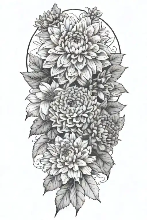 1 chrysanthemum 1 dahlia and some long eucalyptus leaves  tattoo design idea
