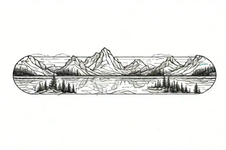 small and large mountain range with a lower tree line reflecting into a calm lake tattoo design idea