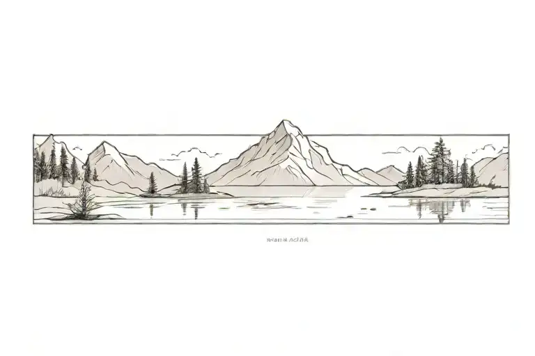 small and large mountain range with a lower tree line reflecting into a calm lake tattoo design idea
