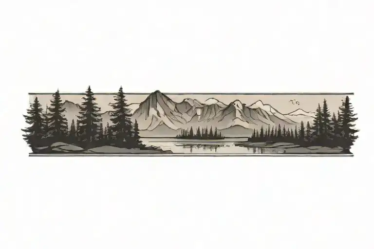 mountain range reflected horizontally in a forest tattoo design idea