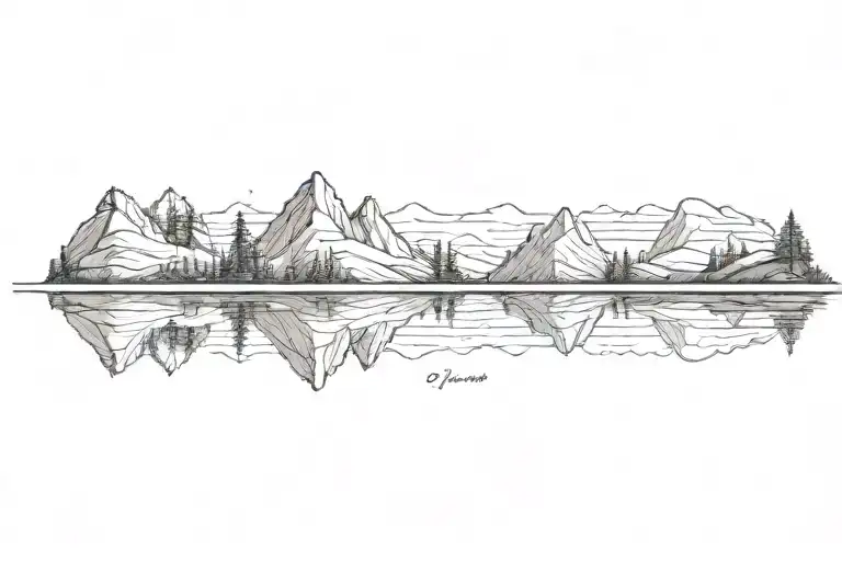 small and large mountain range with a lower tree line reflecting into a calm lake tattoo design idea