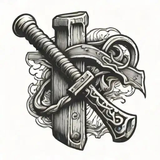 old boat building  hatchet and hammer  tattoo design idea
