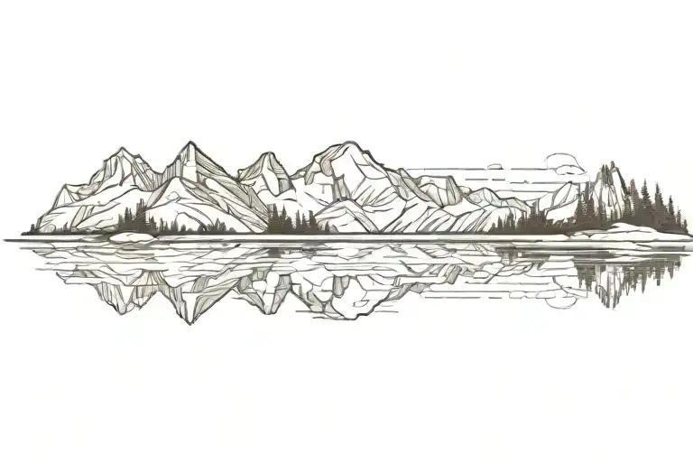 small and large mountain range with a lower tree line reflecting into a calm lake tattoo design idea