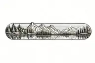 small and large mountain range with a lower tree line reflecting into a calm lake tattoo design idea