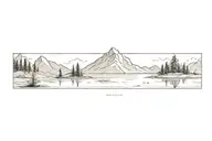 small and large mountain range with a lower tree line reflecting into a calm lake tattoo design idea