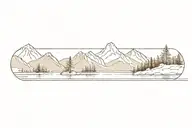 small and large mountain range with a lower tree line reflecting into a calm lake tattoo design idea