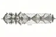 small and large mountain range with a lower tree line reflecting into a calm lake tattoo design idea