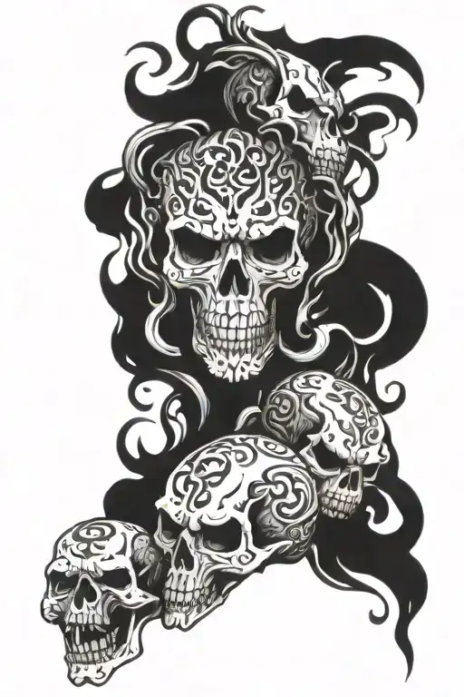 skulls, lion, flames, snakes wrapped tattoo design idea