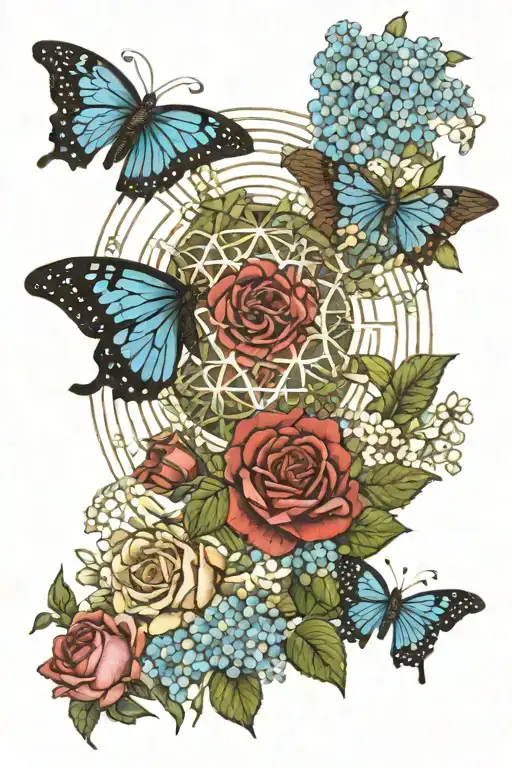 bring me the horizon sempiternal surrounded by forget me nots, roses, jasmine , sacred geometry that can be added to tattoo design idea