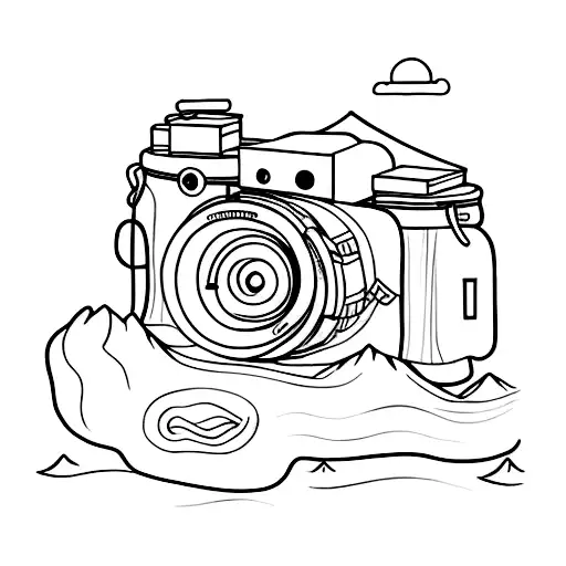 A minimalist camera lens with a mountain landscape inside tattoo design idea