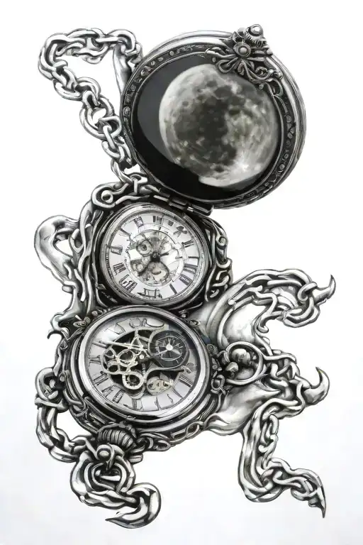 Moon transition pocket watch melt tattoo design idea