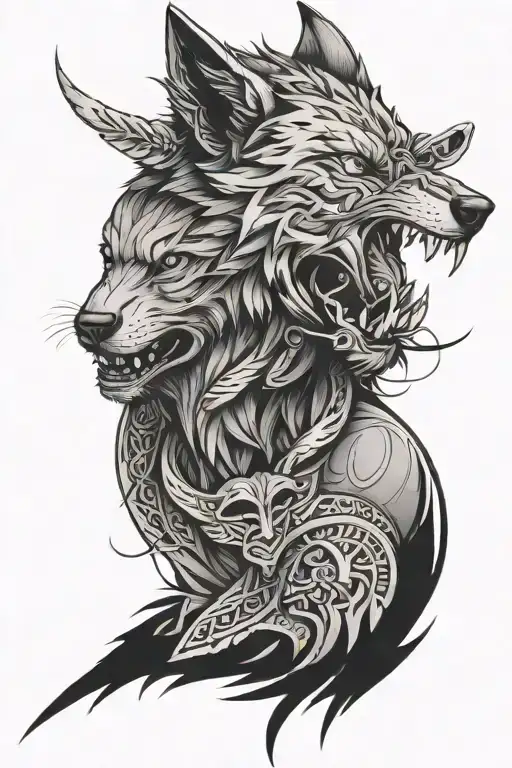 half warrior half wolf face tattoo design idea