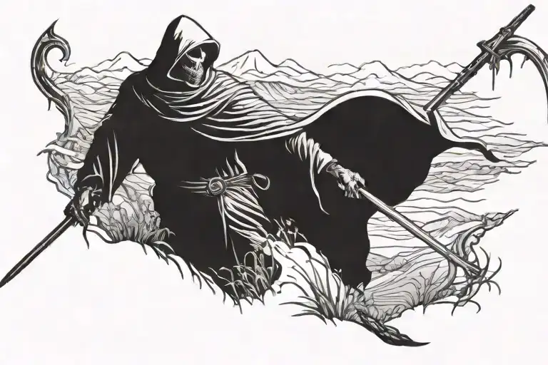 The reaper without a face holding a scythe walking across the valley of death tattoo design idea