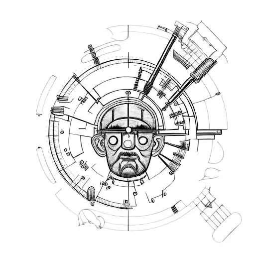 An engineer's blueprint of a cocktail shaker merged with stoic symbols like a Greek column and a stoic philosopher's face tattoo design idea