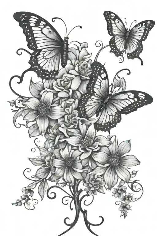 3 butterflies flying upwards with vines and flowers wrapped around them tattoo design idea