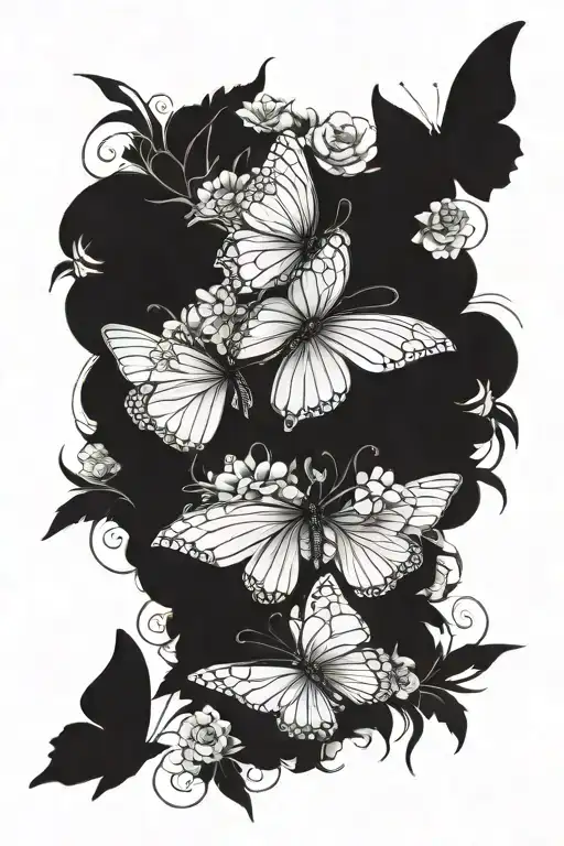 three butterflies flying up with flowers behind them tattoo design idea
