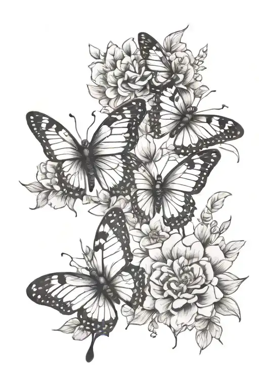 three butterflies flying up with flowers behind them tattoo design idea
