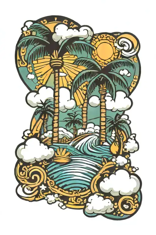 pattern, water, palm trees, clouds, sun, Cards King tattoo design idea