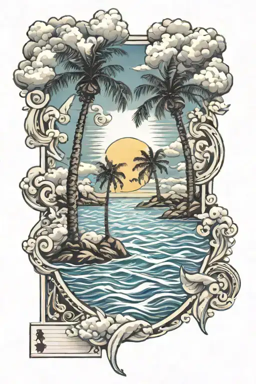 pattern, water, palm trees, clouds, sun, Cards King tattoo design idea