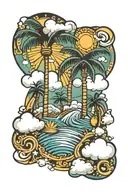 pattern, water, palm trees, clouds, sun, Cards King tattoo design idea