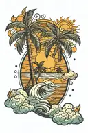 pattern, water, palm trees, clouds, sun, Cards King tattoo design idea