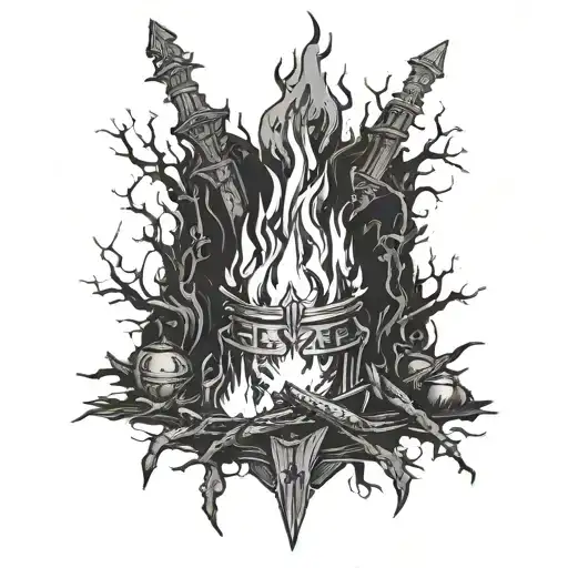 dark souls bonfire surrounded by the darksign tattoo design idea