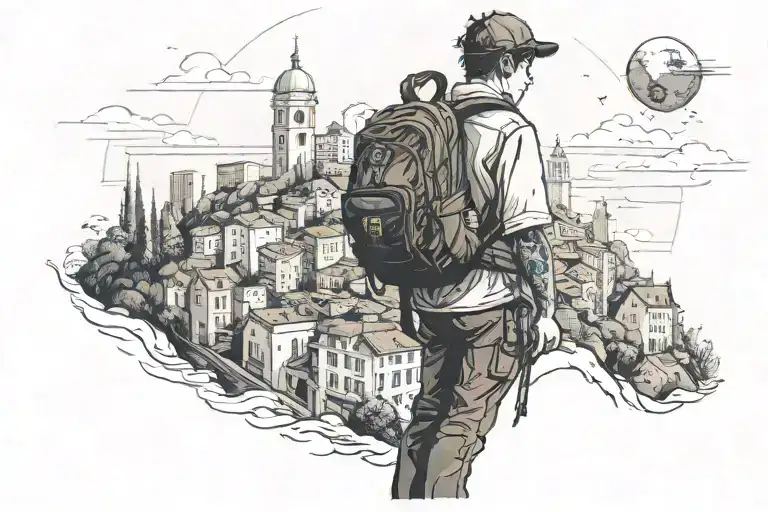 a boy at the top of a hill with a backpack looking to the city tattoo design idea