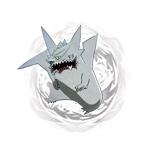 gba with gengar pokemon, rick and morty, inazuma eleven in 3D out of screen tattoo design idea