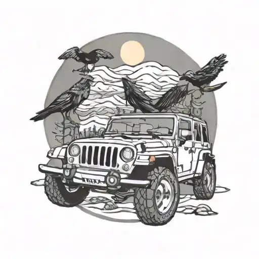 Jeep wrangler 4 door, ravens, wolves, full moon tattoo design idea