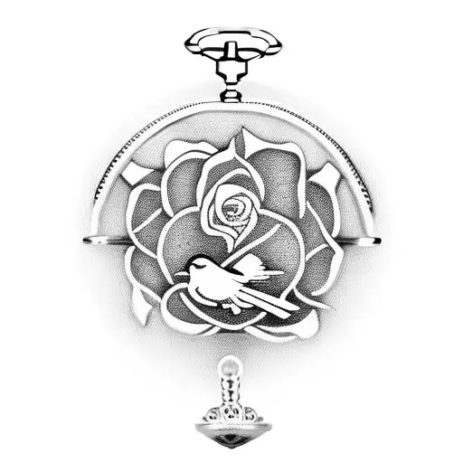 Prayer beads roses pocket watch birds and cross tattoo design idea