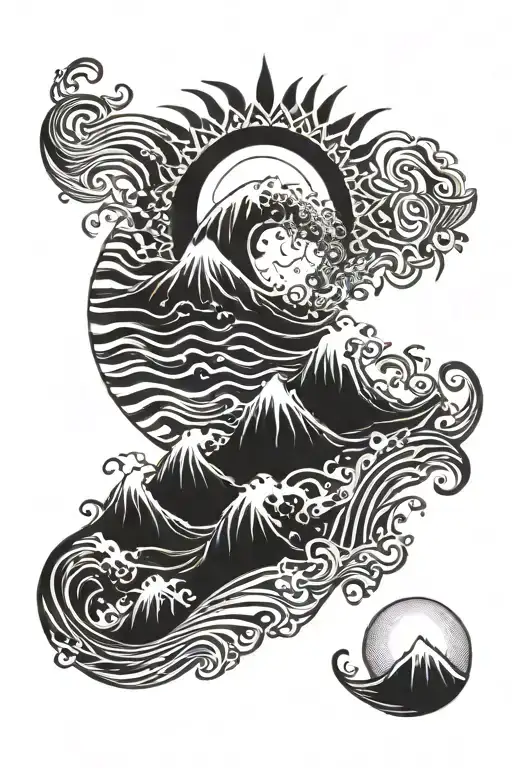 tribal wave, sun. mountain, scales balancing life tattoo design idea