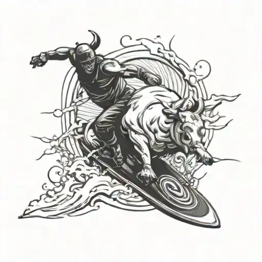 Combine elements of skateboarding, surfing, and bull riding into a dynamic and energetic tattoo design tattoo design idea