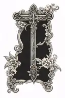 the cross of saint James with a scroll around it in a bed of flowers tattoo design idea